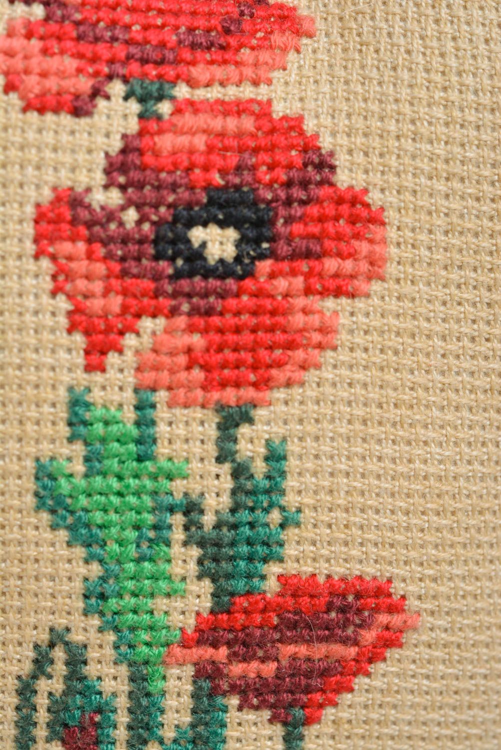 Handmade interior decorative heart-shaped wall hanging with embroidered poppies photo 4