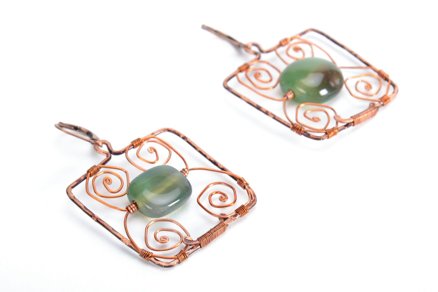 Copper earrings with agate Beetles photo 3