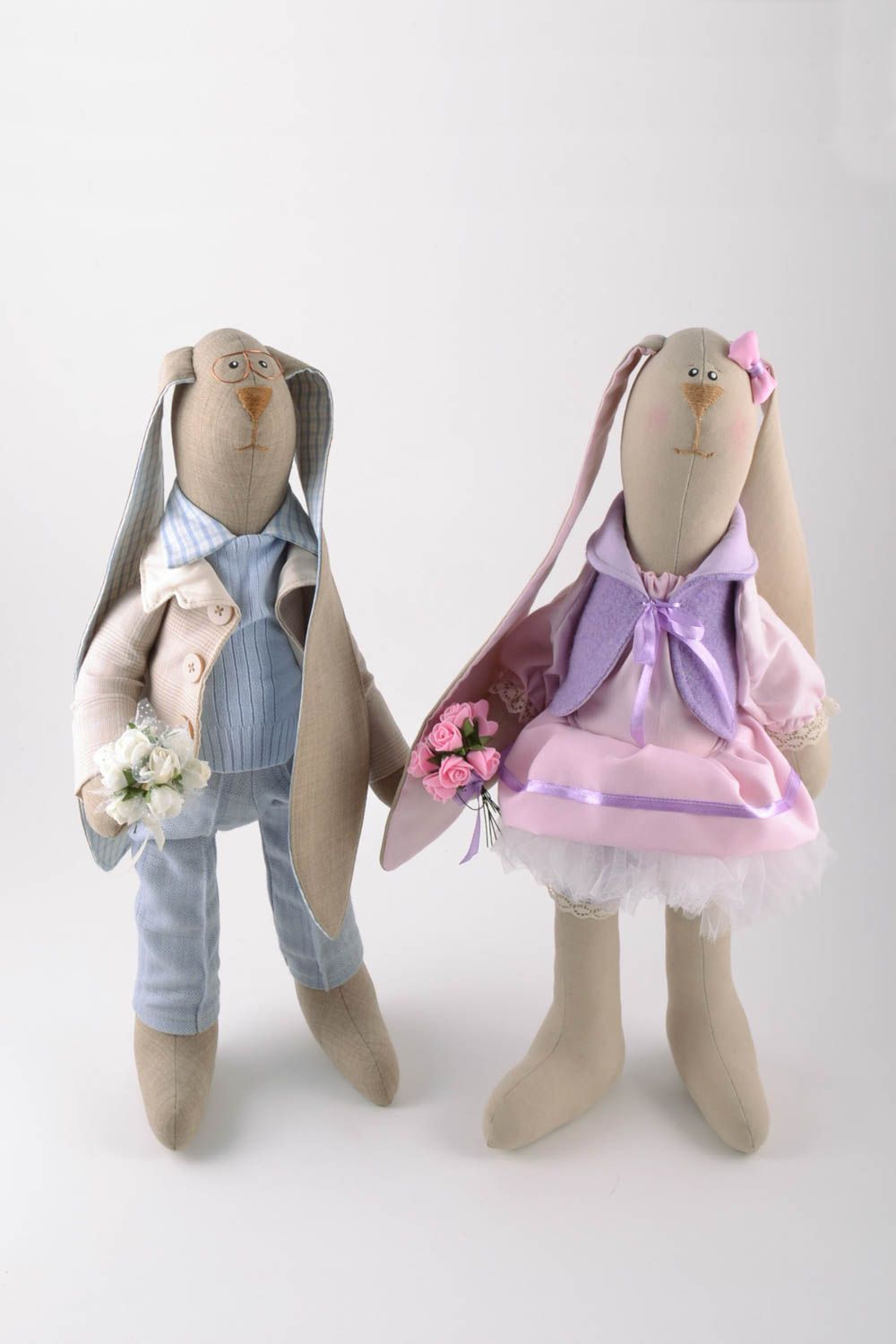 Set of 2 handmade linen fabric soft toys couple of stylish rabbits with long ears photo 1