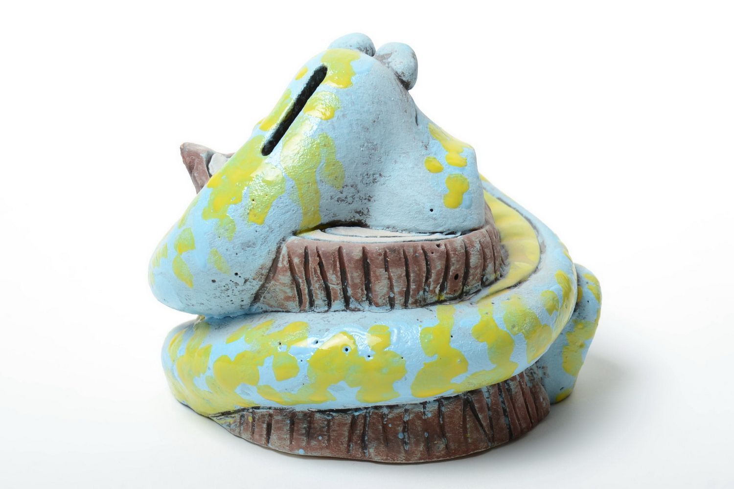 Originelle bemalte handmade Sparbüchse aus Keramik Schlange auf Baumstumpf foto 3