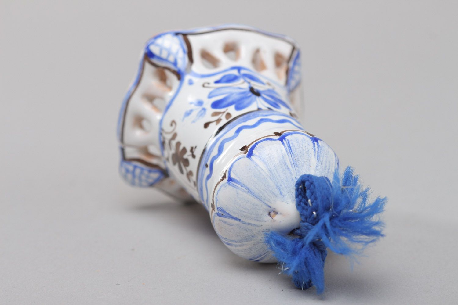 Miniature handmade white and blue ceramic bell with Gzhel painting photo 4
