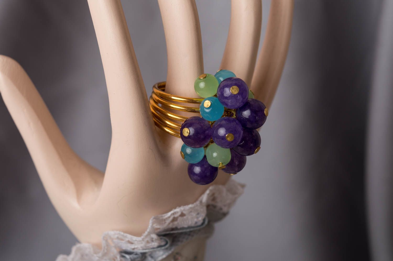 Handmade jewelry ring with latten basis and natural stone beads in blue colors photo 1