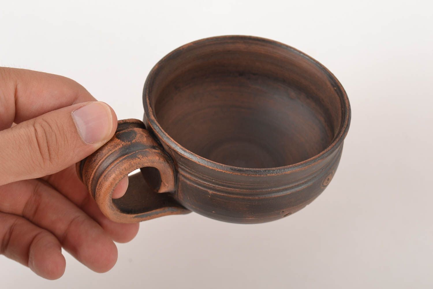 Dark brown clay espresso coffee cup with handle 0,4 lb photo 2