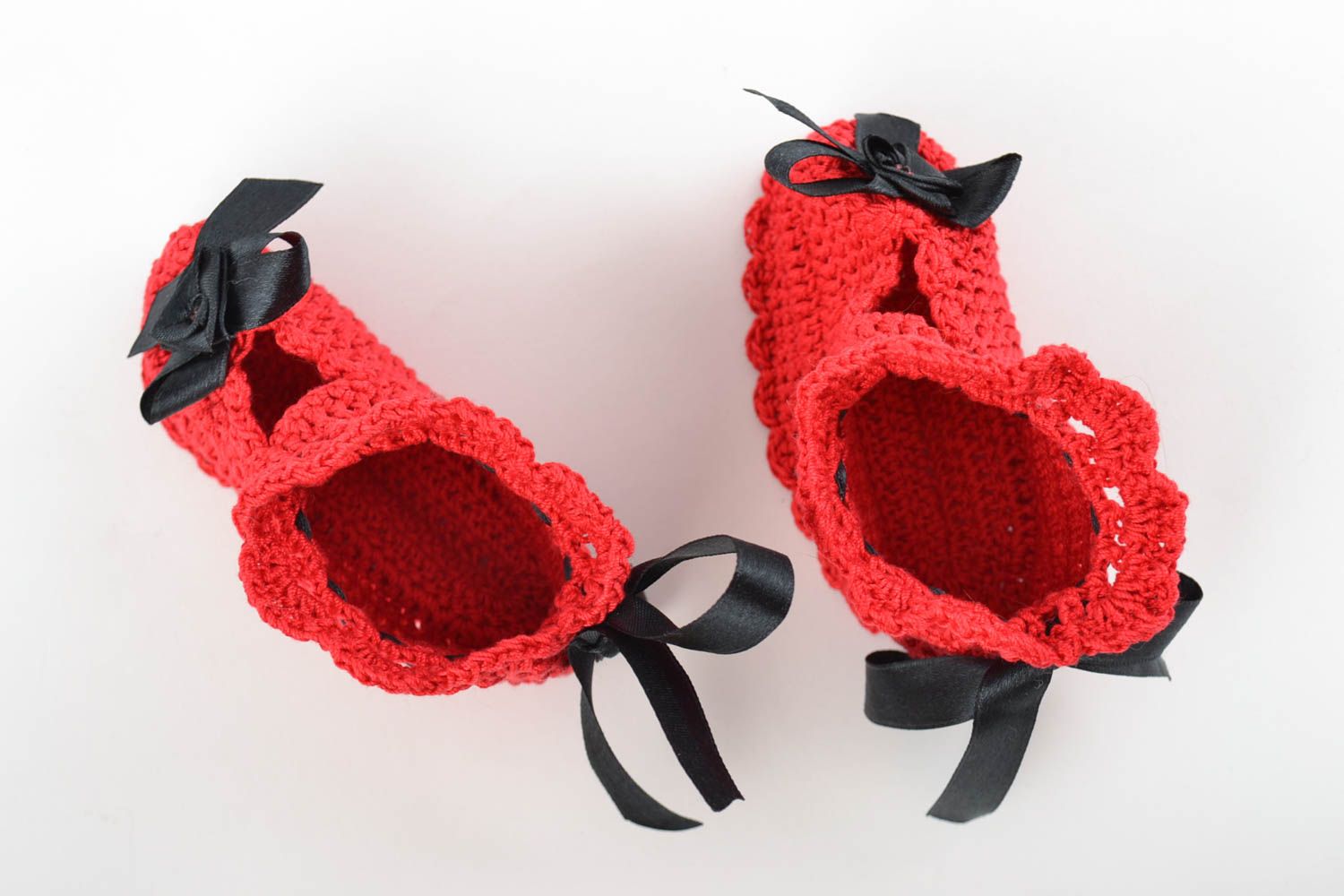 Red and black handmade designer baby booties crocheted of cotton threads photo 4