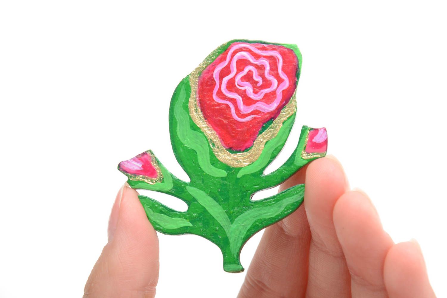 Handmade künstlerische Brosche Blume aus Holz mit Acrylfarben bemalt bunt schön foto 5