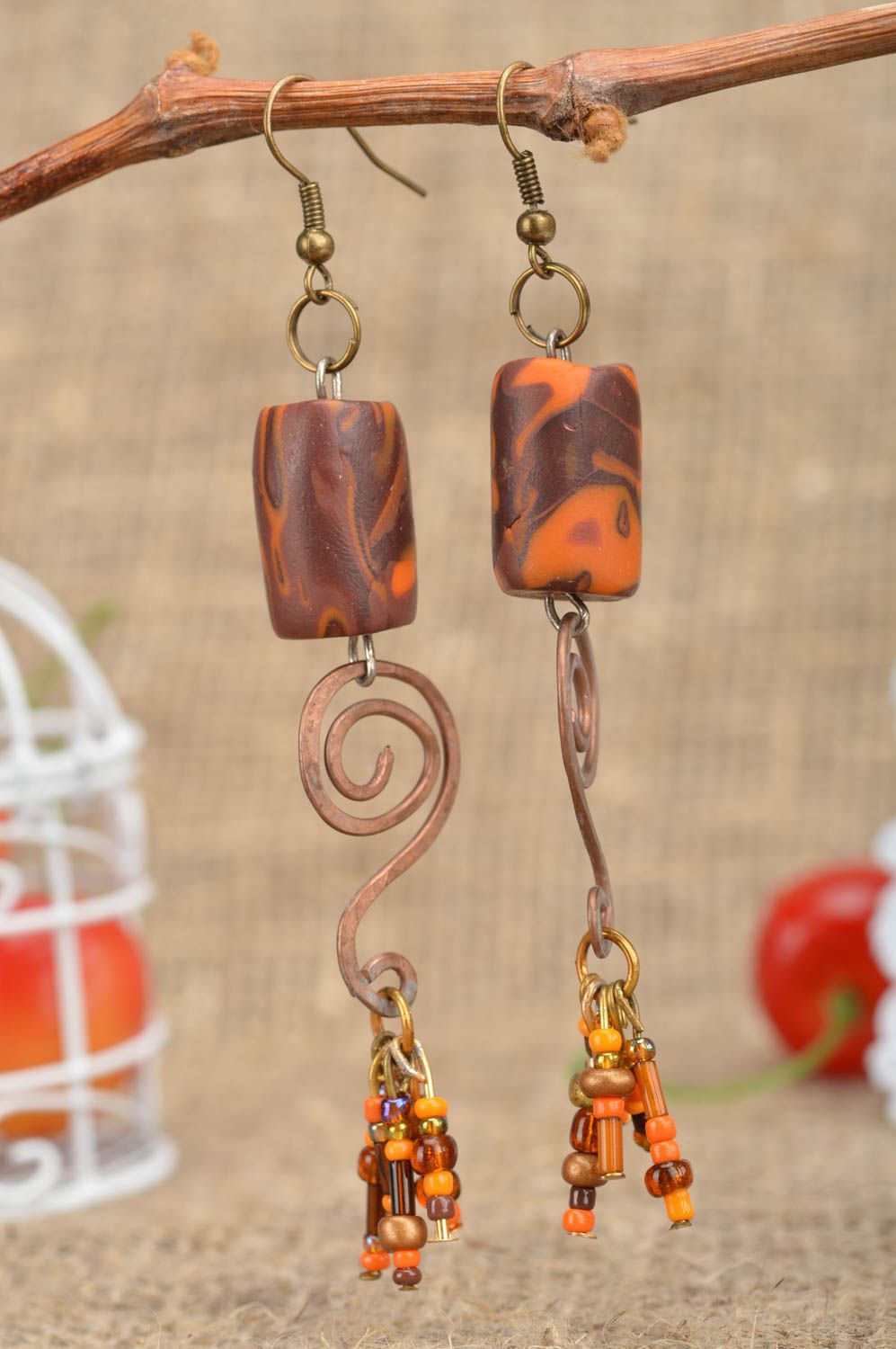 Earrings made of polymer clay and metal long handmade designer accessory photo 1