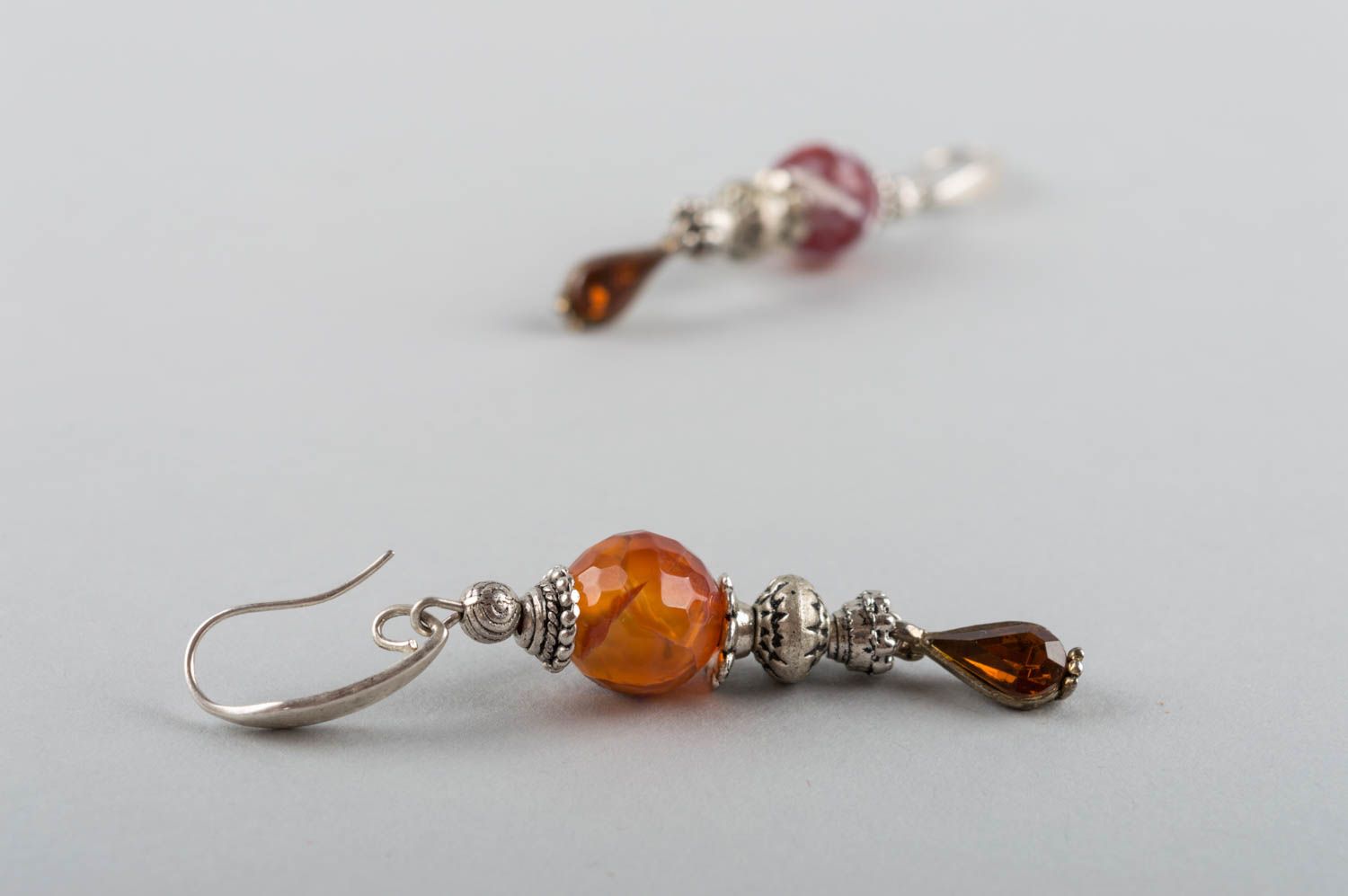 Unusual stylish handmade brass earrings with dangle agate stone beads photo 5