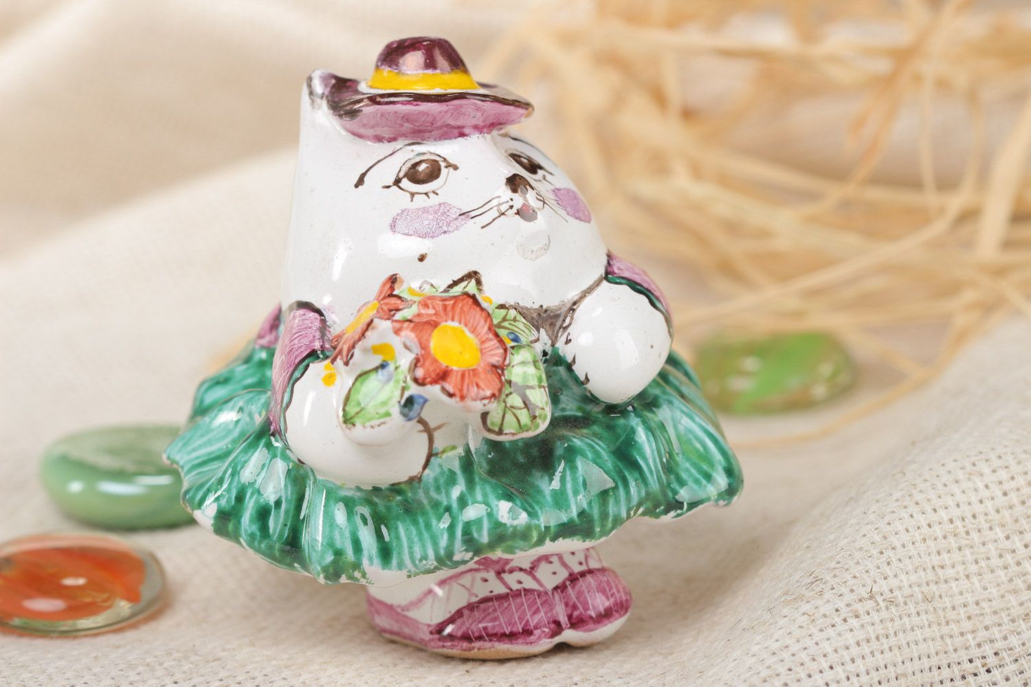 Small colorful handmade ceramic figurine of kitty photo 1
