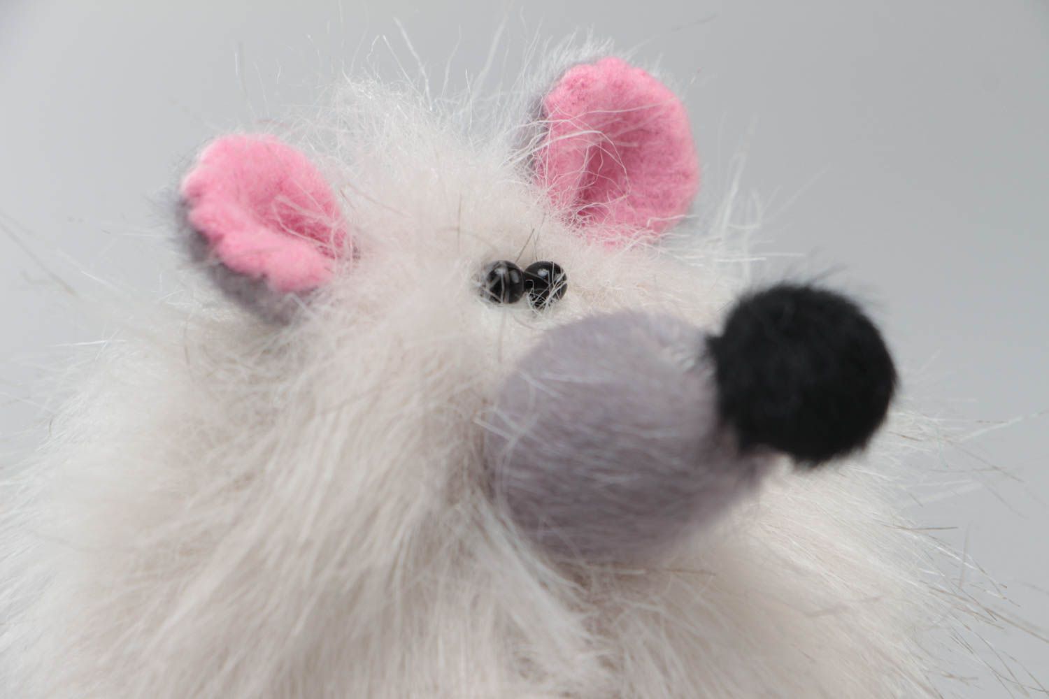 Beautiful tiny handmade gray fur fabric puppet toy in the shape of mouse photo 4