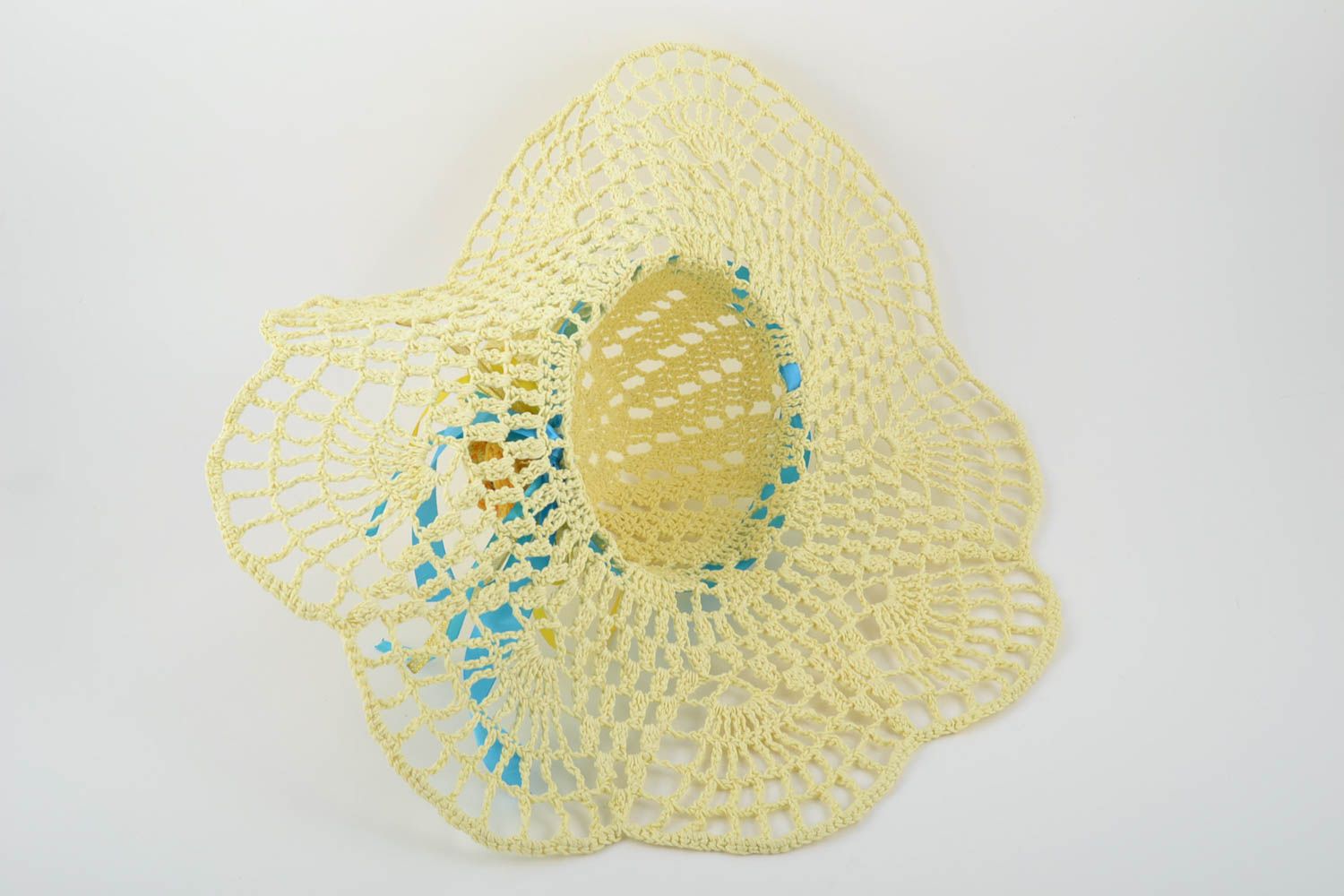 Handmade designer crocheted lacy summer hat with yellow flower and blue ribbon photo 4
