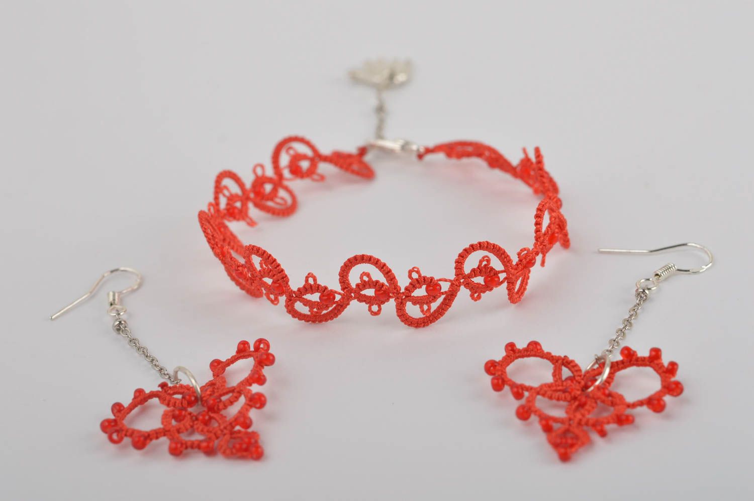 Handmade jewelry set needle tatting dangling earrings fashion bracelet photo 5