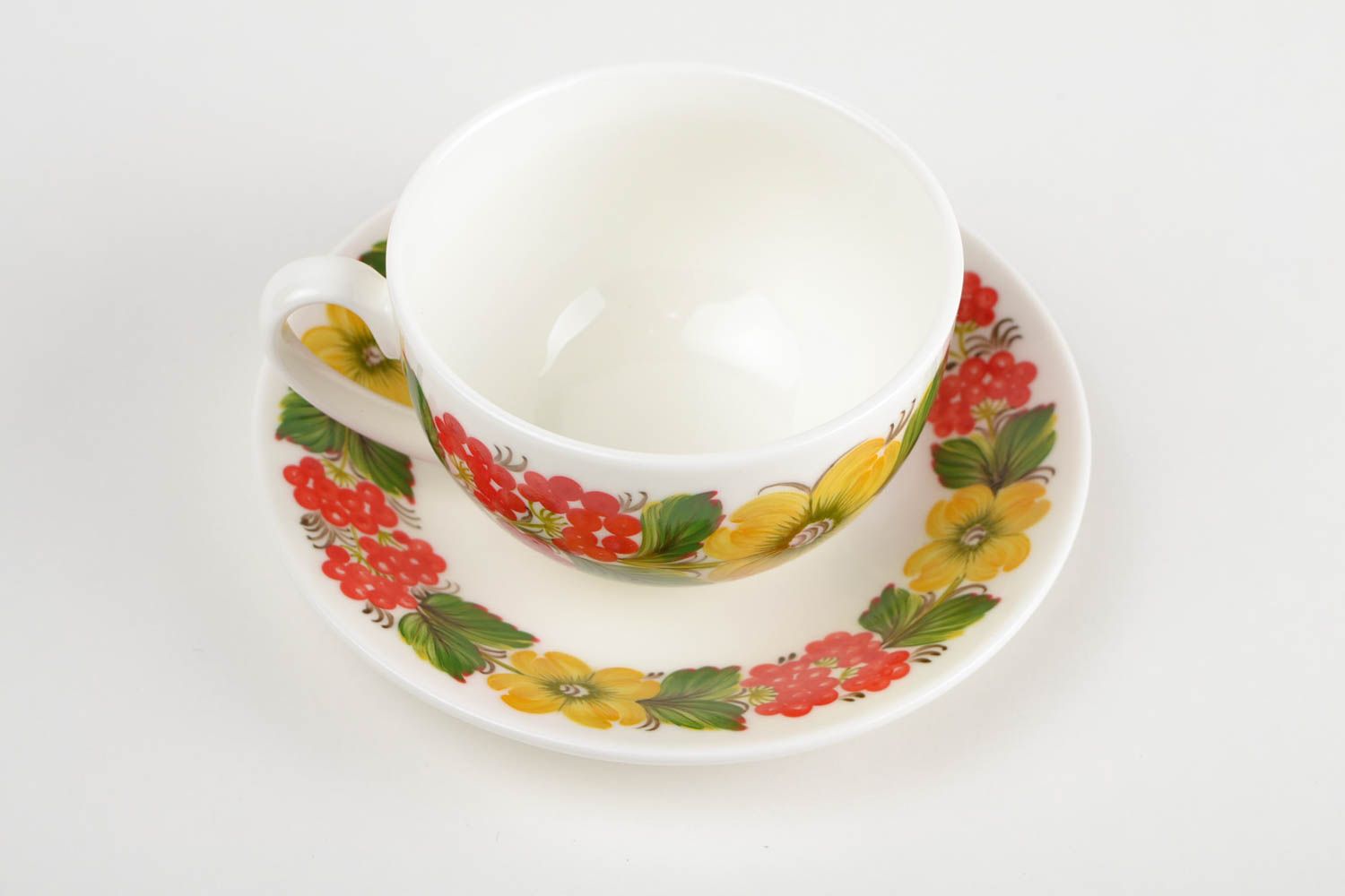 Wide Russian style teacup with floral design, handle, saucer photo 5