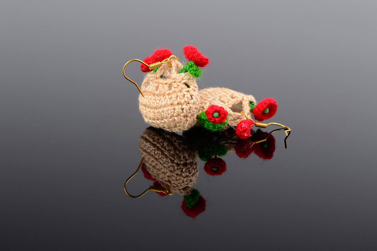 Knitted earrings Basket with poppy seeds photo 1