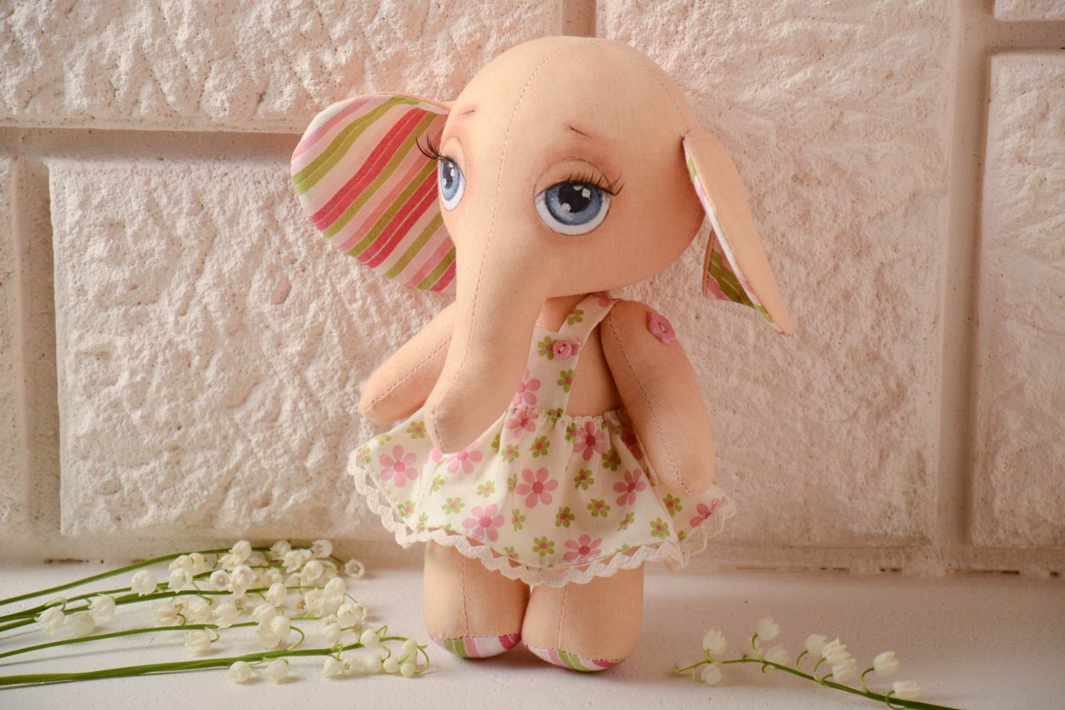 Handmade cotton fabric soft toy elephant with big painted eyes in floral dress photo 1