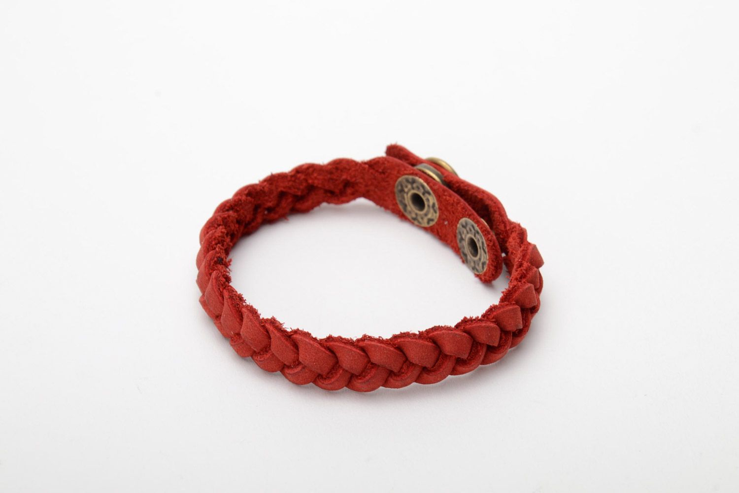Thin handmade wrist bracelet woven of genuine leather of red color for women photo 3