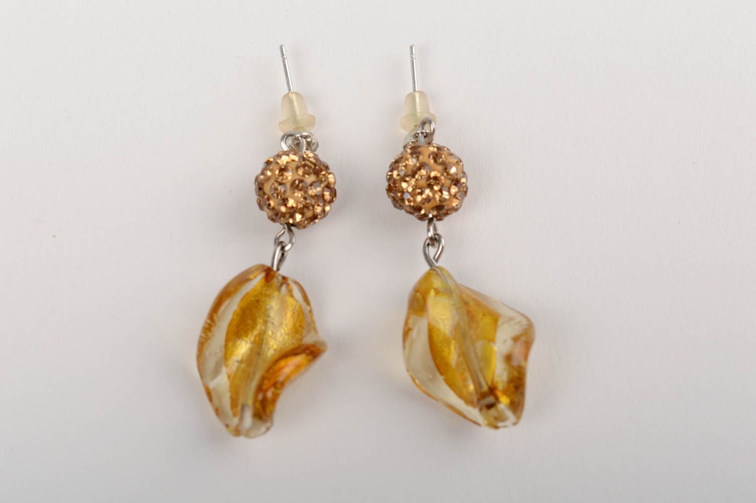 Beautiful unusual Venetian glass stud earrings of gold color photo 2