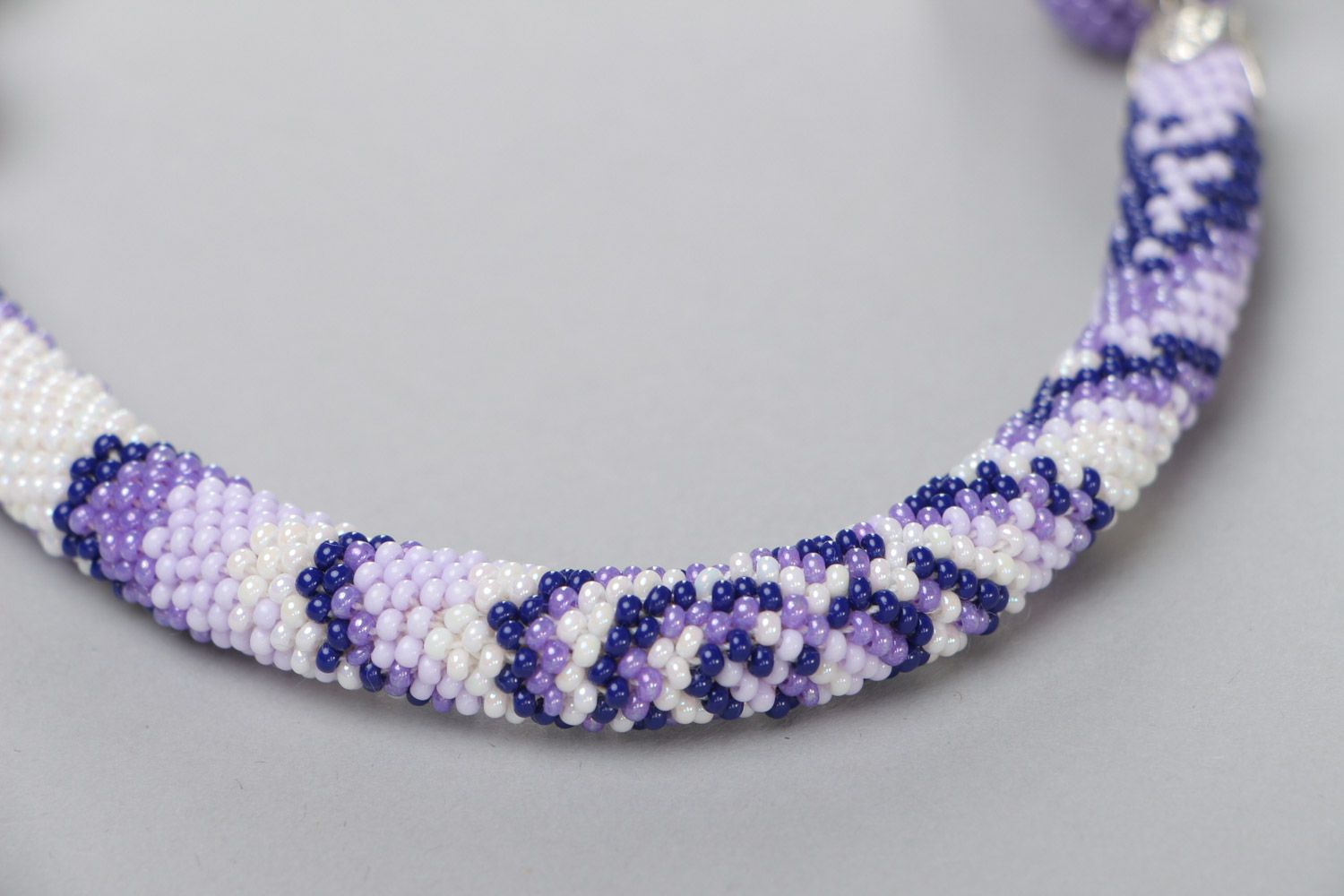 Unusual white and violet handmade beaded cord necklace with Czech seed beads photo 4