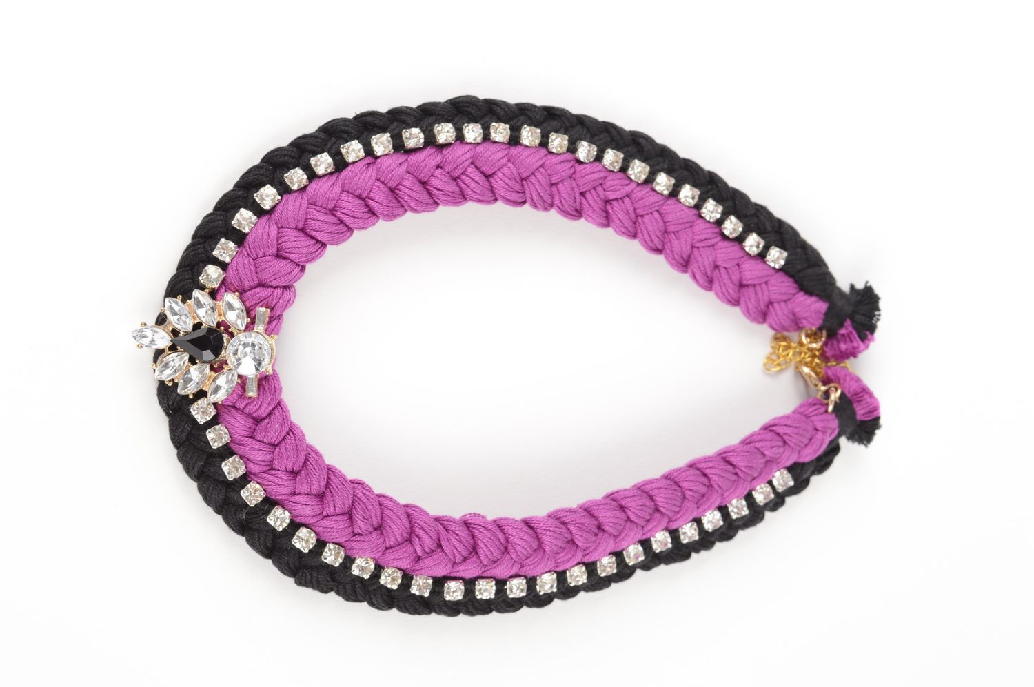 Collier textile Bijou fait main noir lilas tressé en fils de coton Cadeau femme photo 2