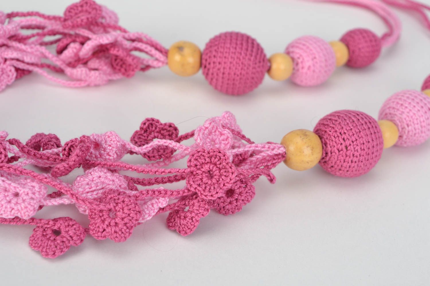 Handmade wooden bead necklace crocheted over with cotton threads of pink color photo 4