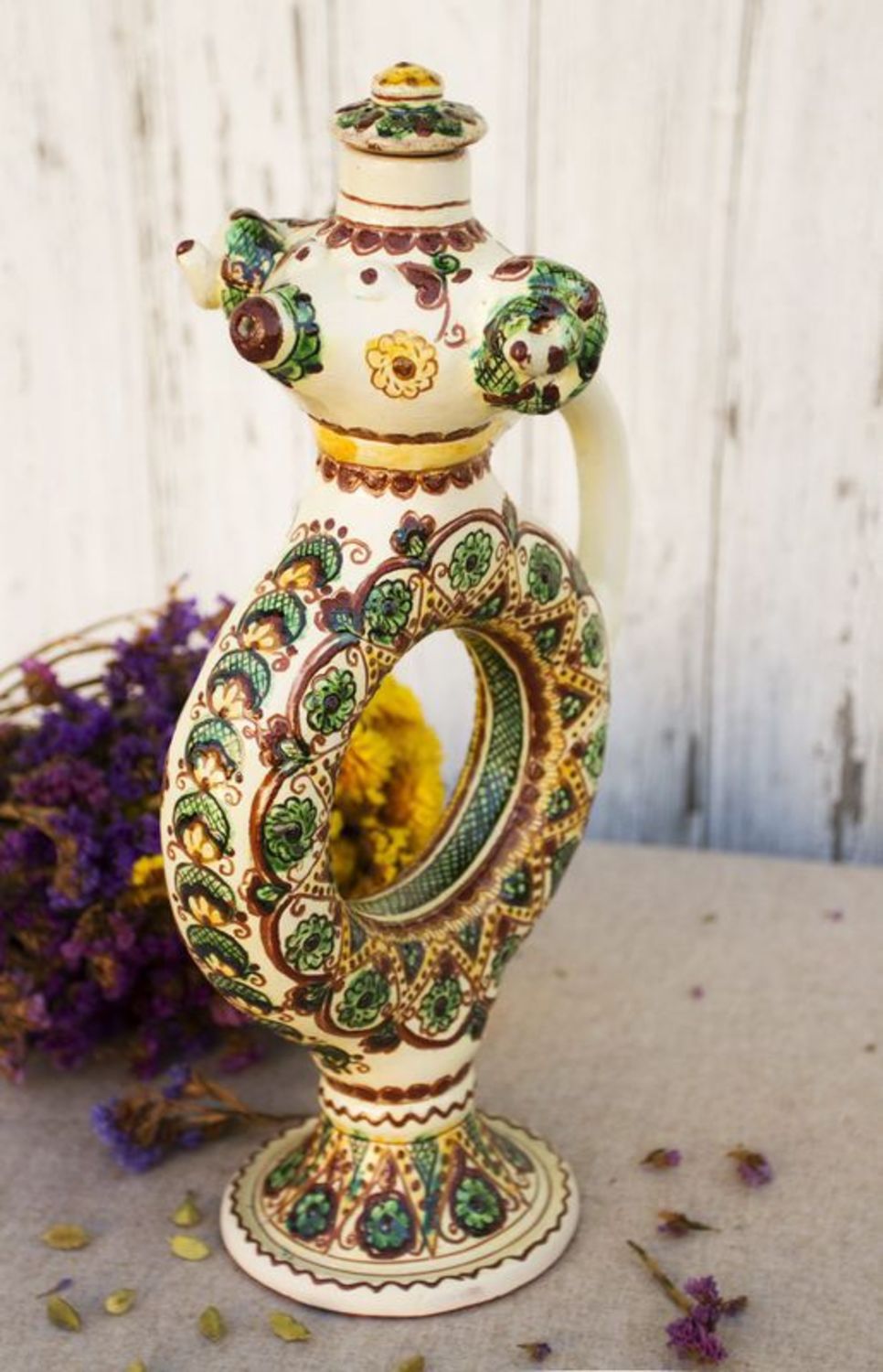 14 inches ceramic pitcher Ram in a circle shape with handle in ethnic style 4 lb photo 1
