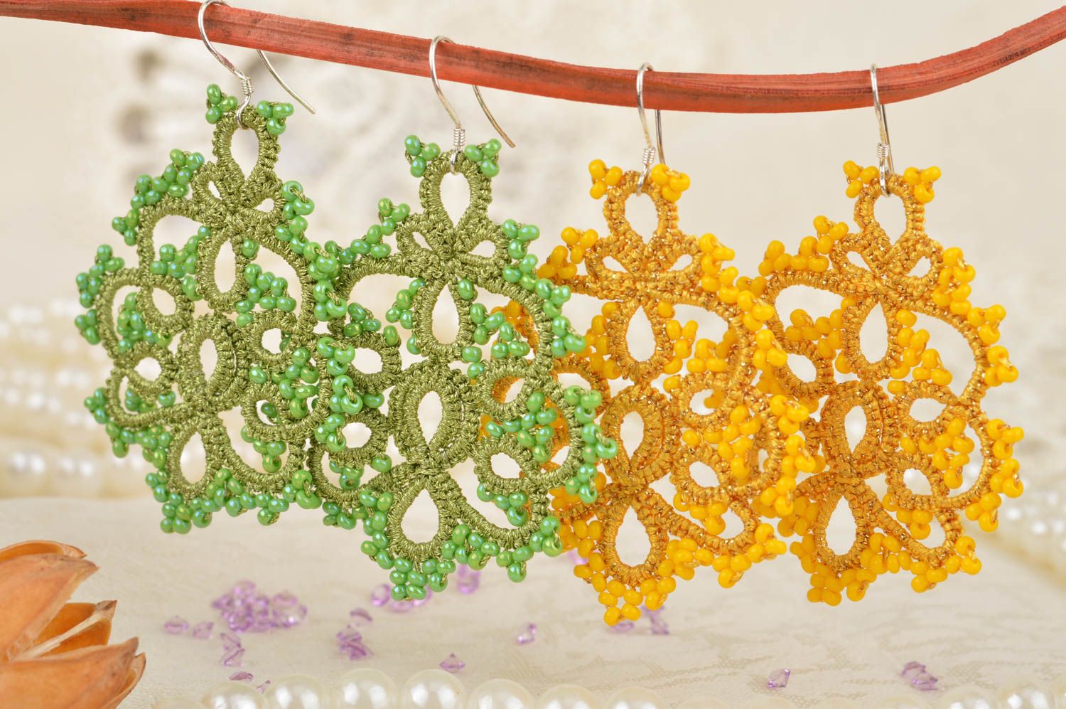 Set of 2 pairs of handmade designer lace drop tatted earrings yellow and green photo 1