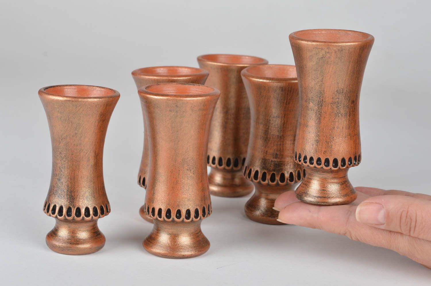 Set of 6 handmade tall ceramic painted shot glasses painted in bronze color photo 3