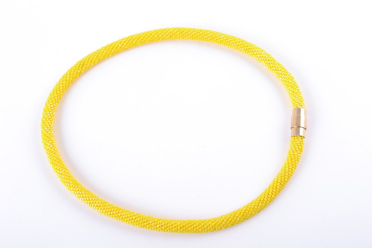 Bright yellow handmade women's cord necklace woven of Japanese beads  photo 4