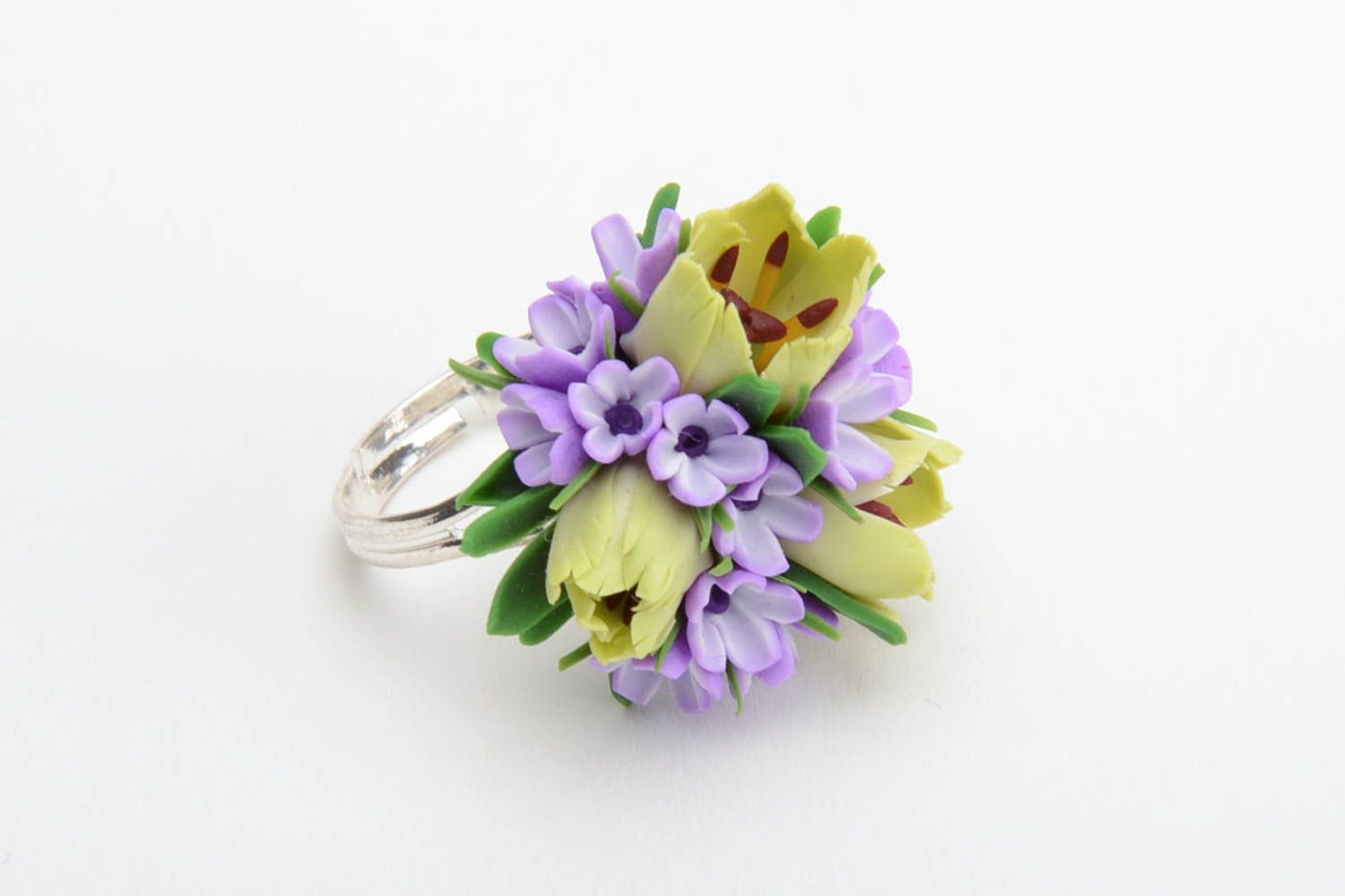 Handmade volume tender violet polymer clay floral ring with metal basis  photo 2