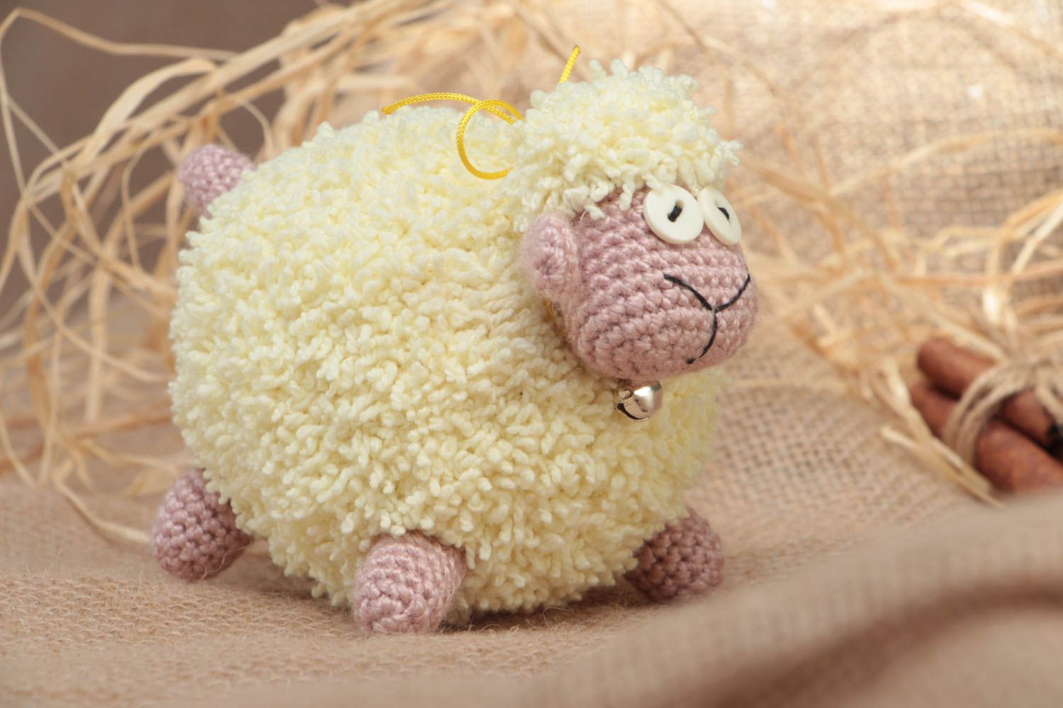 Soft toy crocheted sheep made of acrylic threads with bells handmade home decor photo 1