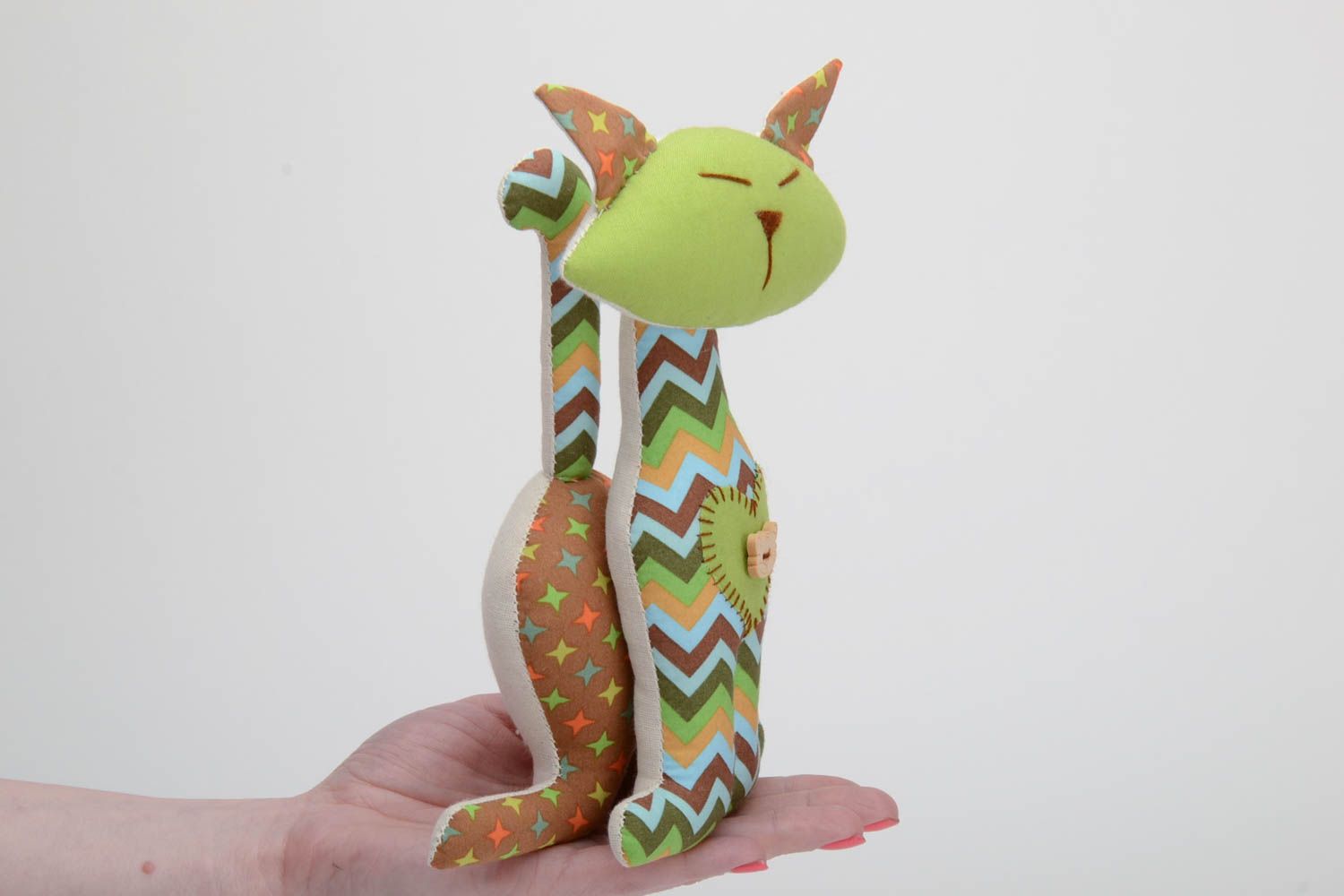 Handmade designer green and brown pattern cotton fabric soft toy cat for kids photo 5