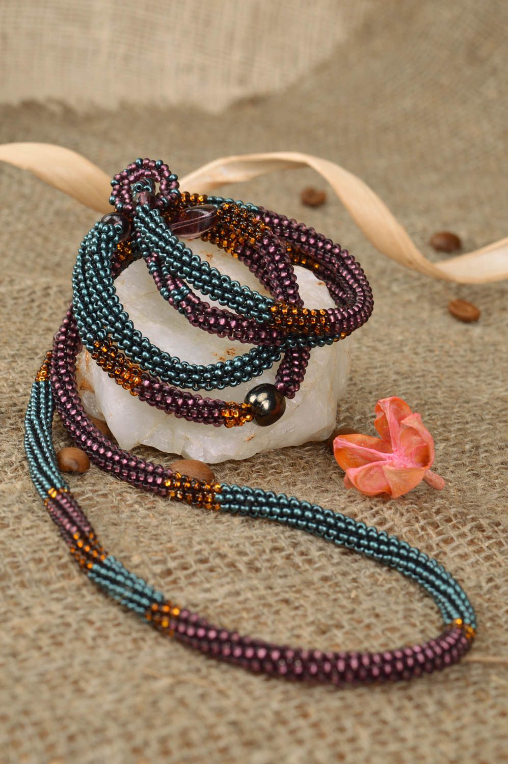 Beautiful colorful women's handmade designer beaded cord necklace photo 5