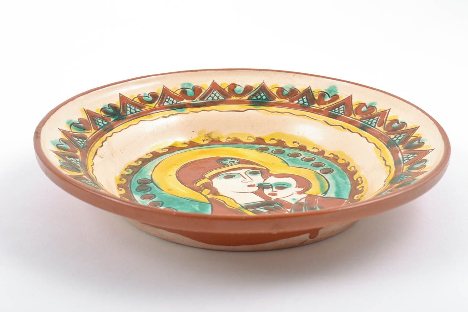 Красивая керамическая тарелка расписанная глазурью ручной работы Божья матерь и Иисус фото 4