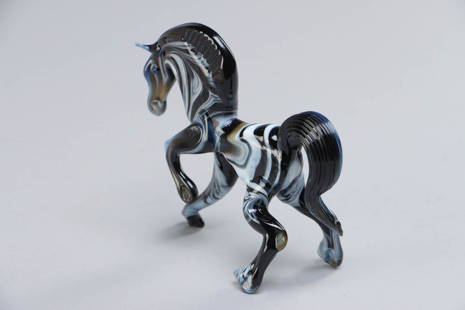 Handmade collectible lampwork glass miniature figurine of black and white horse photo 4