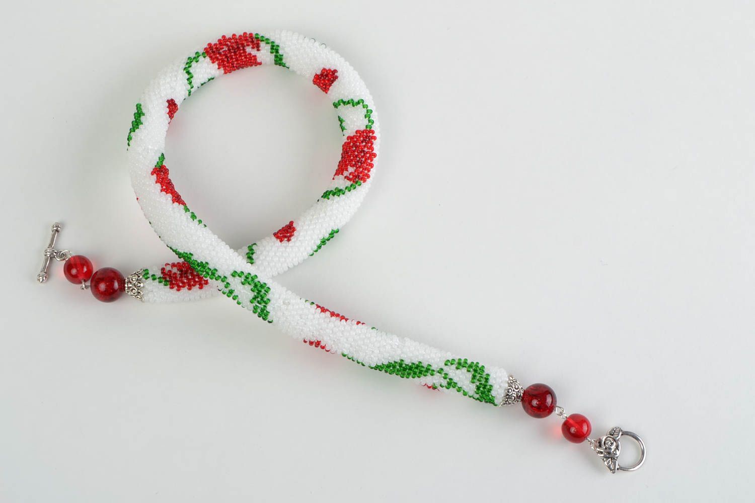 White woven beaded cord necklace with floral ornament hand made photo 2