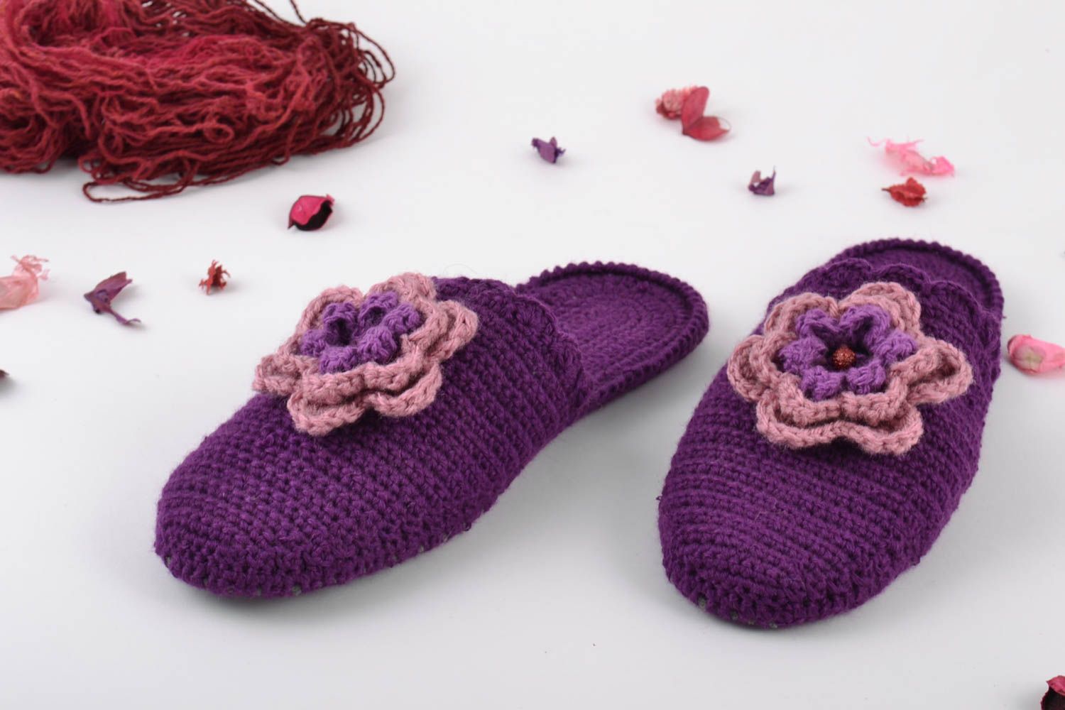 Handmade warm comfortable crochet slippers of violet color with flowers for women photo 1