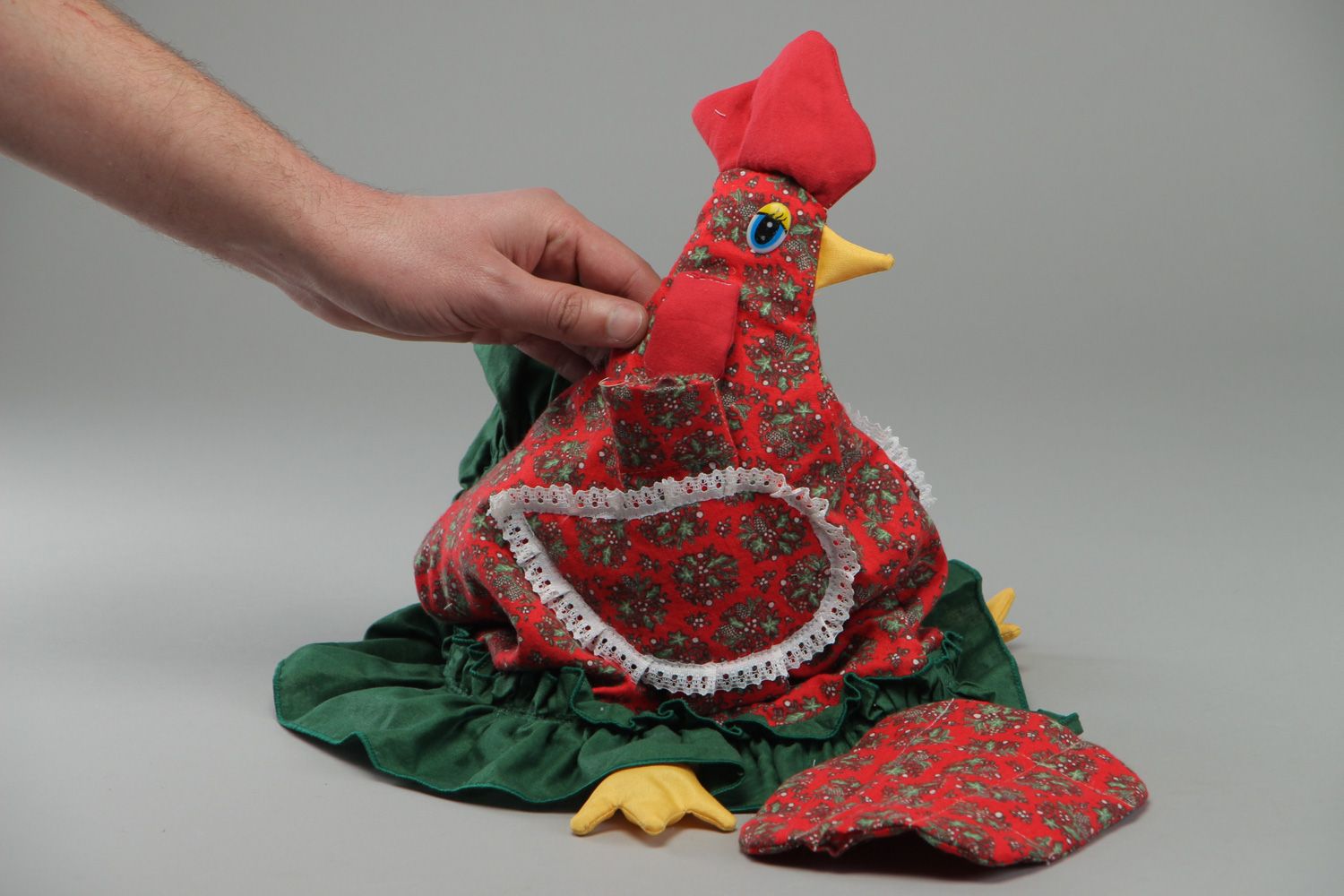 Grand couvre-théière artisanal textile avec maniques fait main en forme de poule photo 4