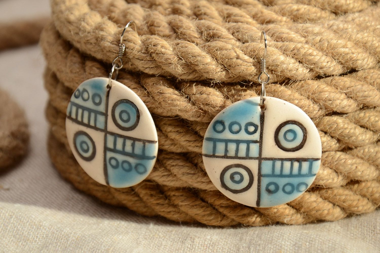 Beige and blue handmade large clay round earrings with charms photo 1