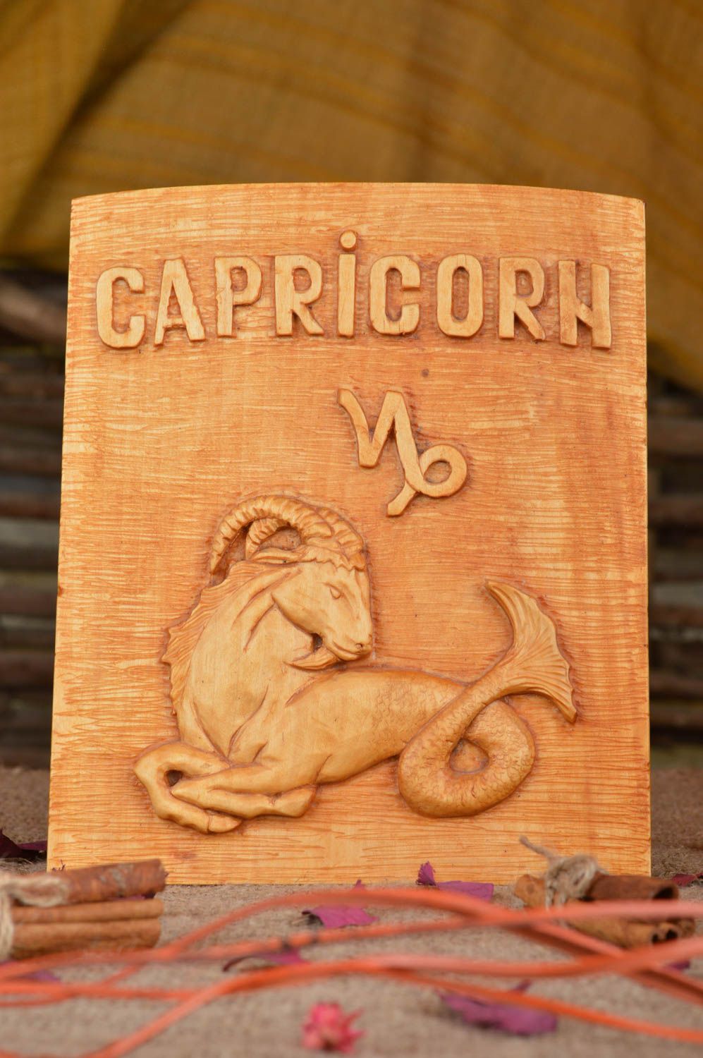 Beautiful handmade carved wooden wall hanging panel with Capricorn zodiac sign photo 1