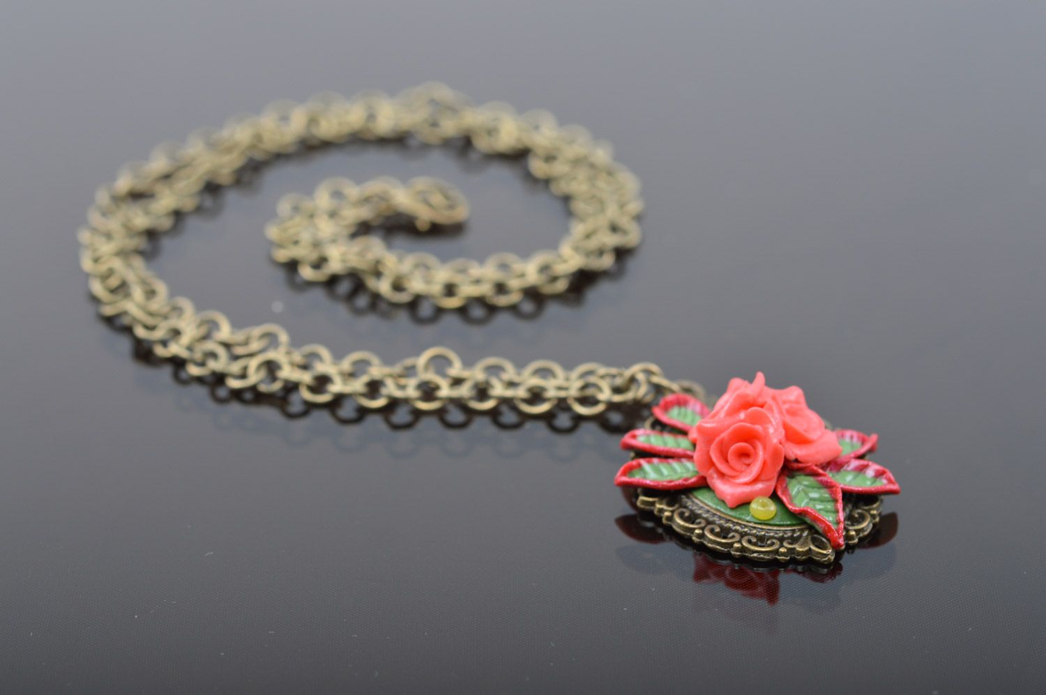 Handmade plastic flower pendant with metal chain photo 1