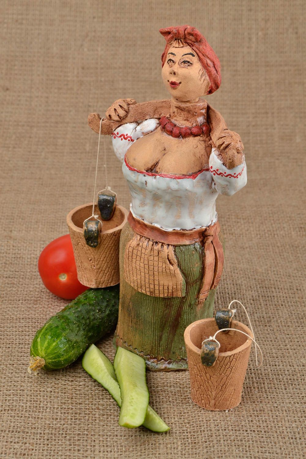 Handmade village woman's statuette with two jars for spices 1,7 lb photo 1