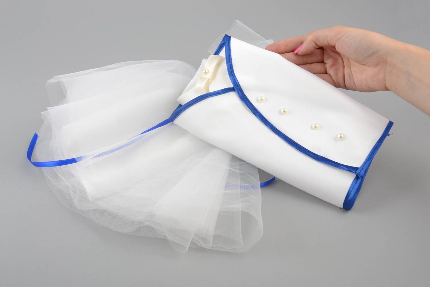 Set of white and blue handmade designer wedding bottle covers bride and groom photo 5