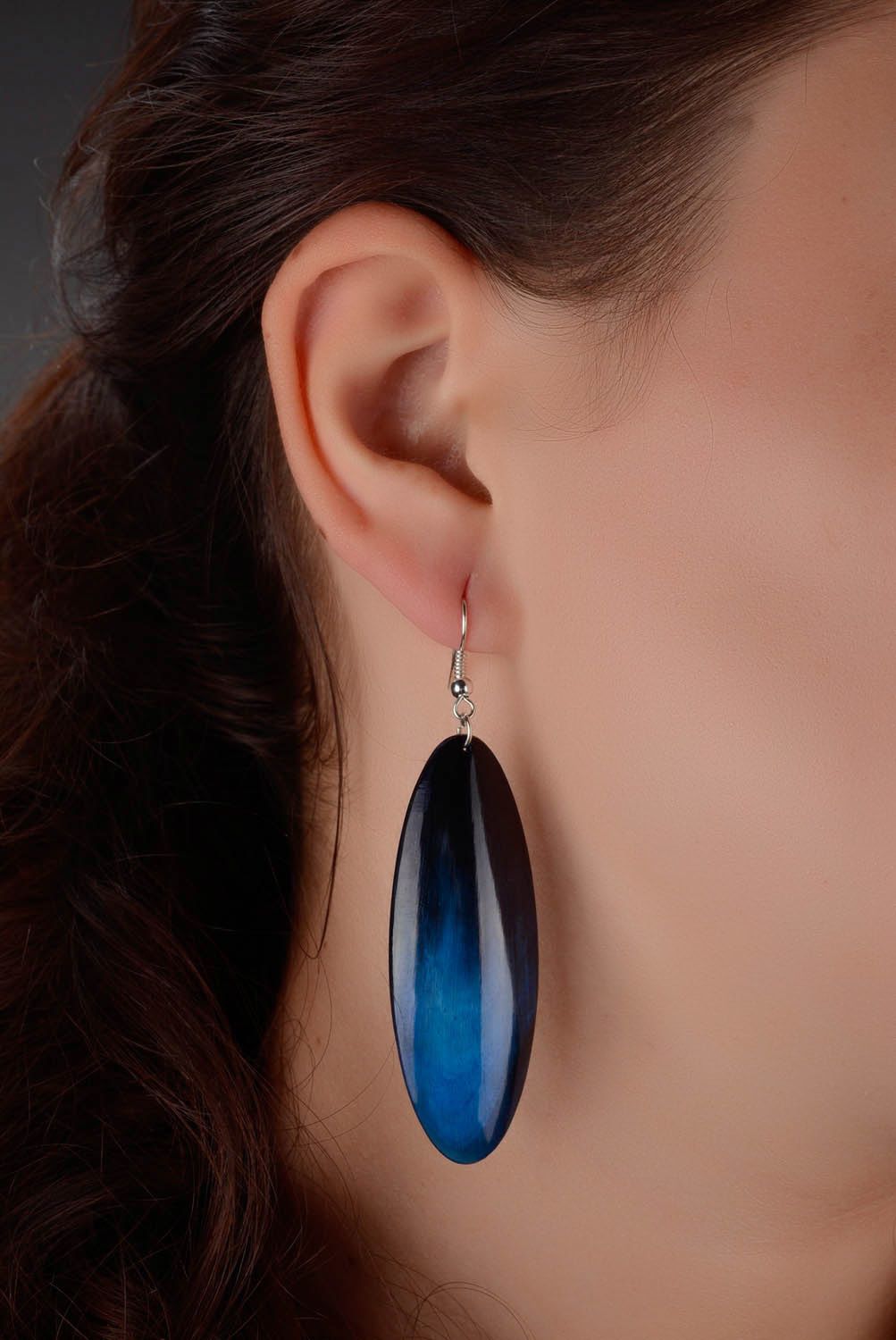 Blue long earrings made ​​of cow horn photo 4