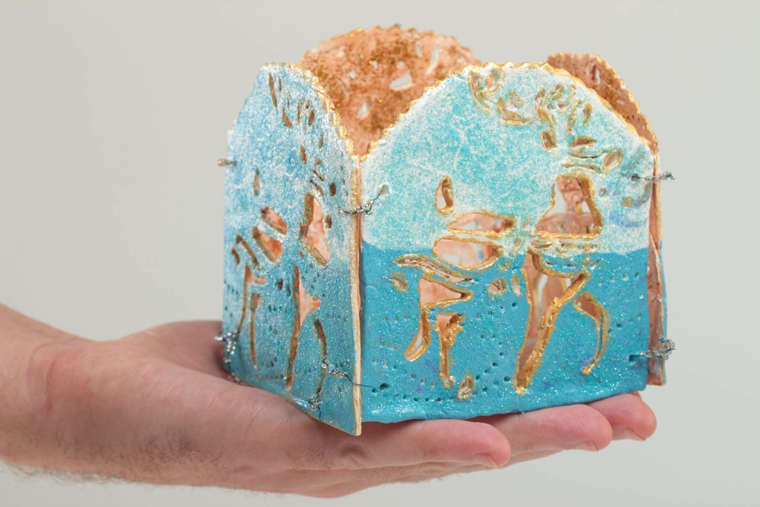 Bougeoir en argile polymère fait main décoratif pour intérieur peint bleu photo 5