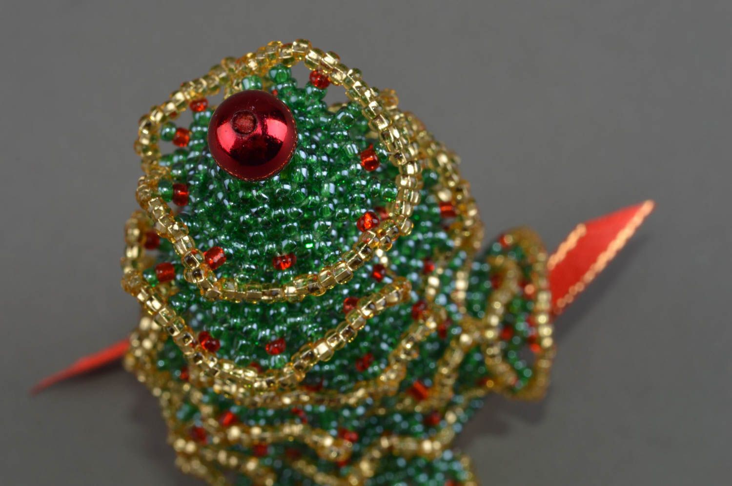Unusual handmade woven bead statuette of green Christmas tree designer decor photo 4