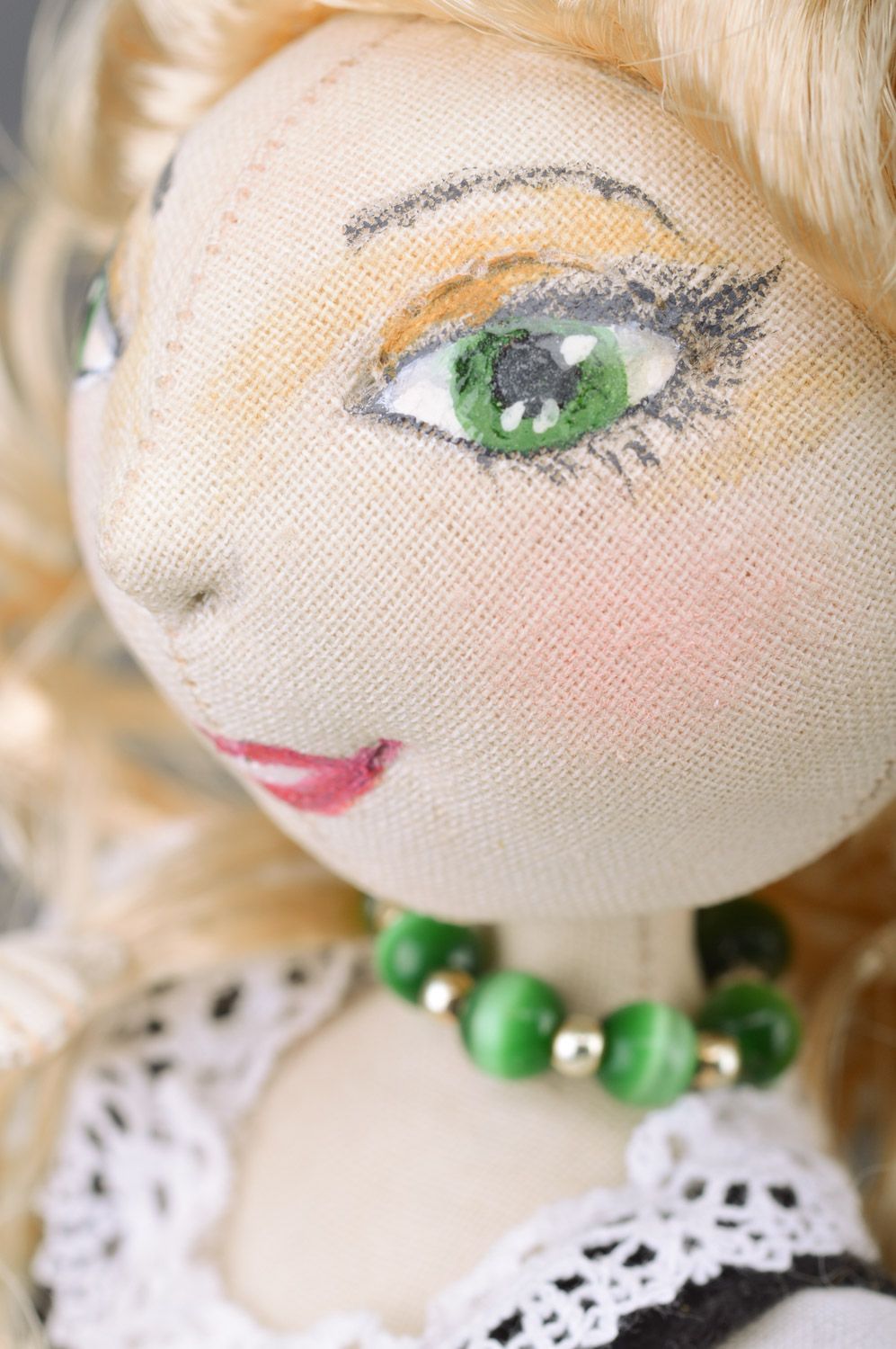 Beautiful handmade designer doll sewn of fabric and lace Elf sitting on stub photo 3