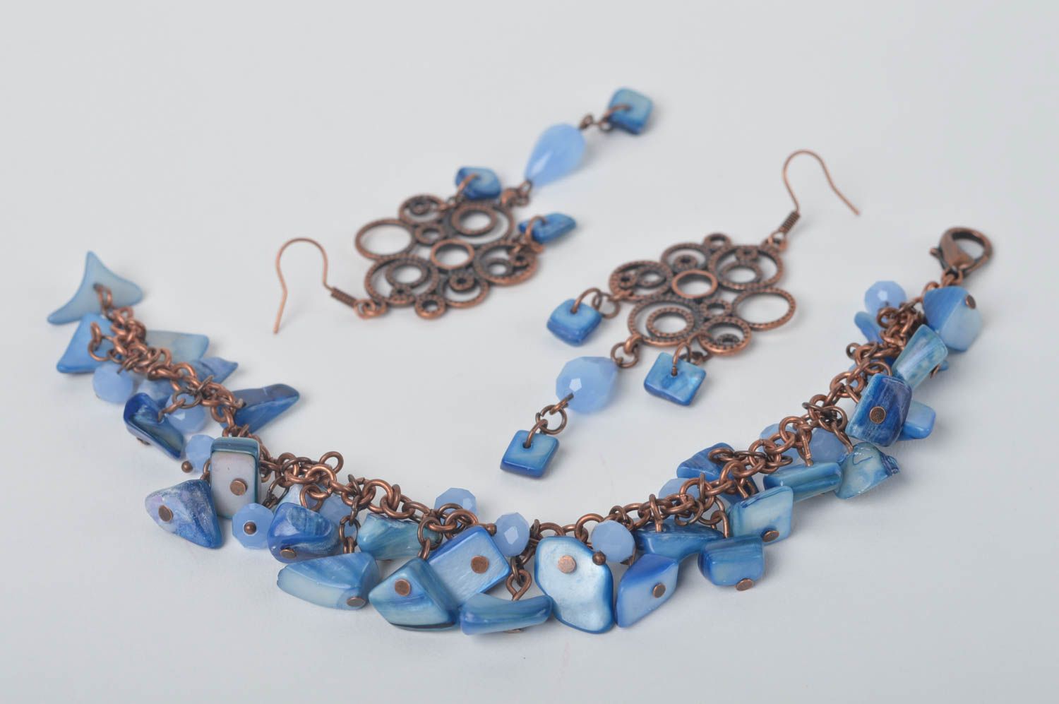 Handmade jewelry set unusual metal bracelet designer nacreous earrings photo 3