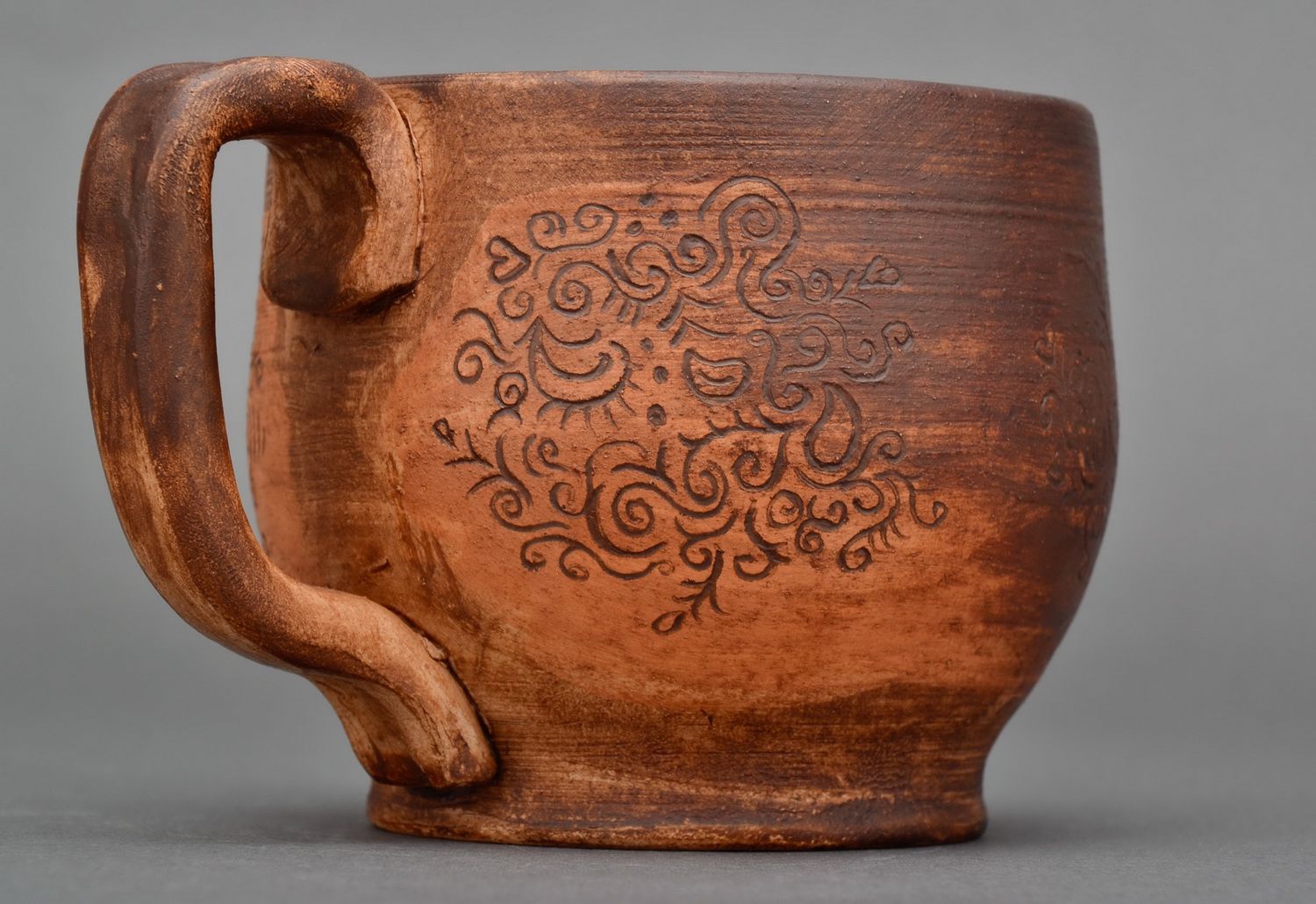 8 oz large clay coffee cup with handle and flower pattern in rustic style photo 4