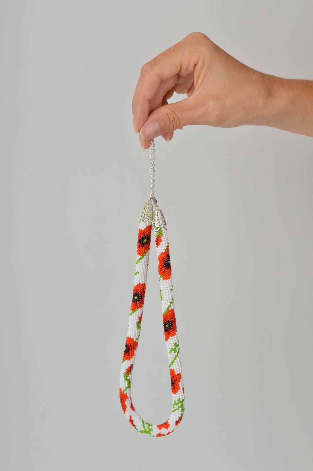 Collana tubolare di perline fatta a mano accessorio bello da donna papaveri foto 5