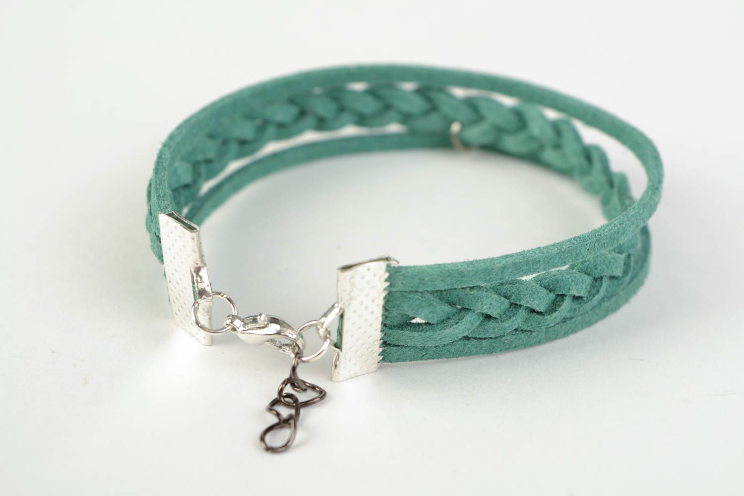 Green handmade woven suede cord bracelet with charm in the shape of bicycle photo 4