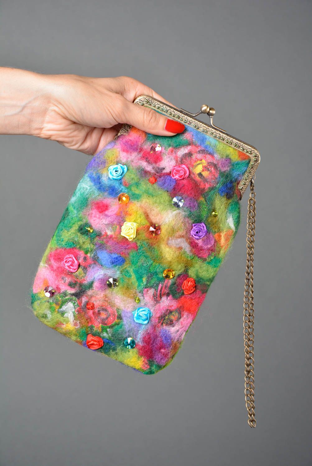 Сумка ручной работы женская сумка разноцветная длинная на цепочке сумка валяние фото 4